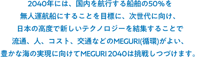 2040年には、国内を航行する船舶の50％を無人運航船にすることを目標に、次世代に向け、日本の高度で新しいテクノロジーを結集することで流通、人、コスト、交通などのMEGURI(循環)がよい、豊かな海の実現に向けてMEGURI 2040は挑戦しつづけます。