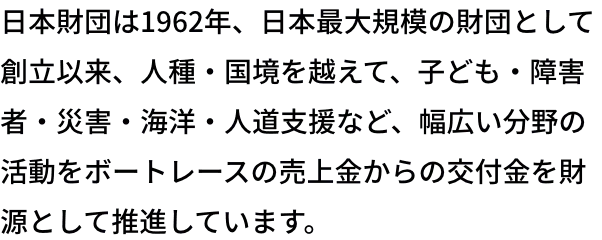 日本財団は1962年、日本最大規模の財団として創立以来、人種・国境を越えて、子ども・障害者・災害・海洋・人道支援など、幅広い分野の活動をボートレースの売上金からの交付金を財源として推進しています。